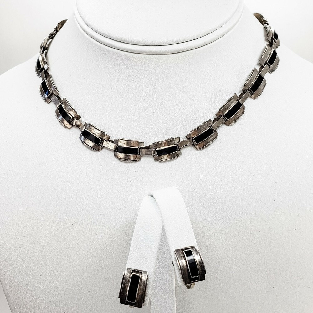 Vintage Taxco Mexico Sterling Silver Necklace Screwback Earring Set Black Enamel